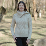 Women's Zipper Neck Aran Knit Sweater, Parsnip Lifestyle Front Creative Irish Gifts