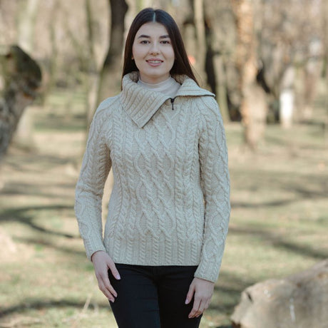Women's Zipper Neck Aran Knit Sweater, Parsnip Lifestyle Front Creative Irish Gifts