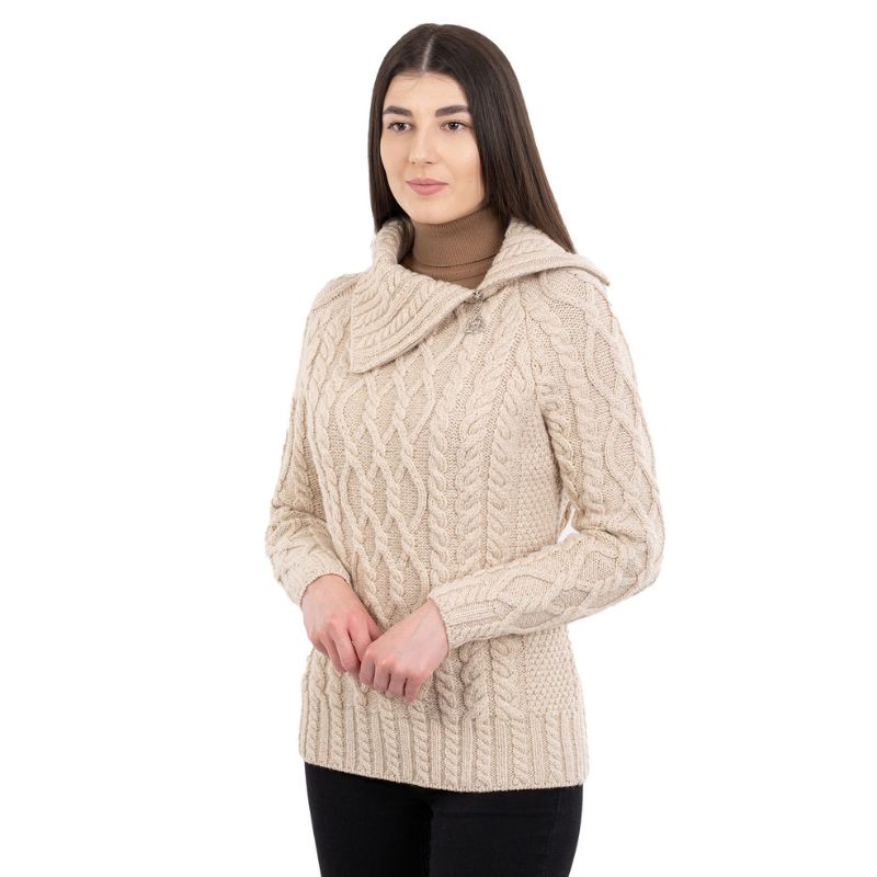 Women's Zipper Neck Aran Knit Sweater, Parsnip Side Creative Irish Gifts