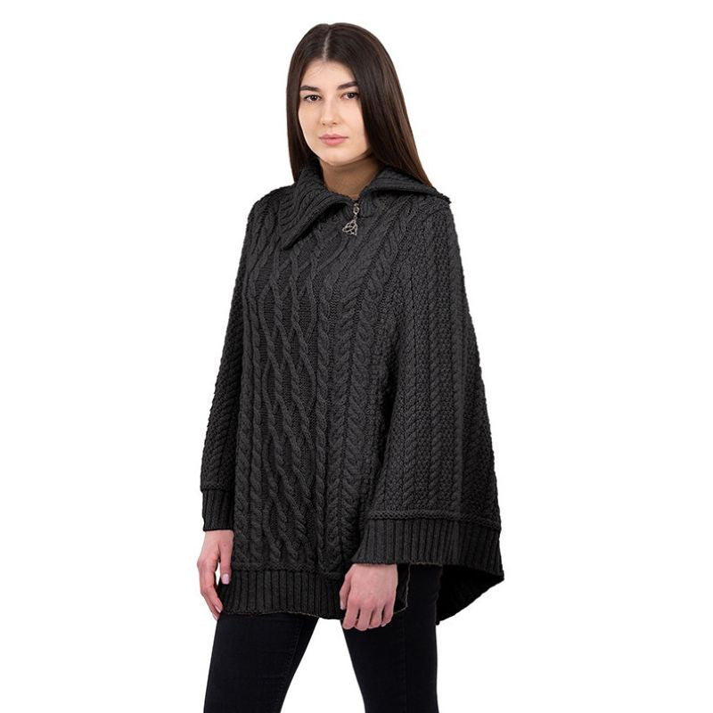  Women's Cowl Neck Zipper Poncho, Charcoal Side View Creative Irish Gifts