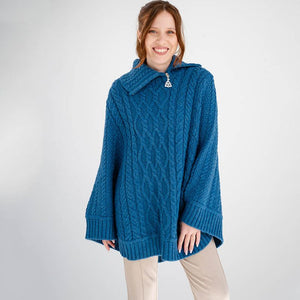  Women's Cowl Neck Zipper Poncho, Blue Creative Irish Gifts