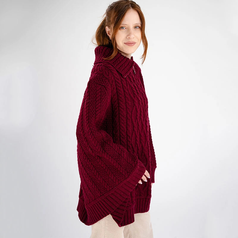 ML161-108 Women's Aran Cowl Neck Zip Poncho, Wine Side View Creative Irish Gifts
