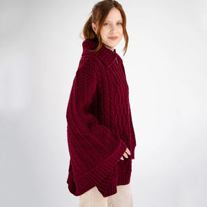 ML161-108 Women's Aran Cowl Neck Zip Poncho, Wine Side View Creative Irish Gifts
