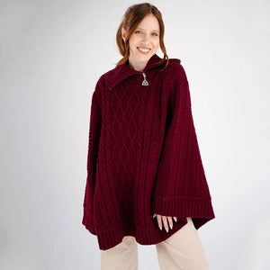 ML161-108 Women's Aran Cowl Neck Zip Poncho, Wine Creative Irish Gifts
