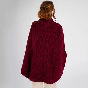 ML161-108 Women's Aran Cowl Neck Zip Poncho, Wine Back View Creative Irish Gifts
