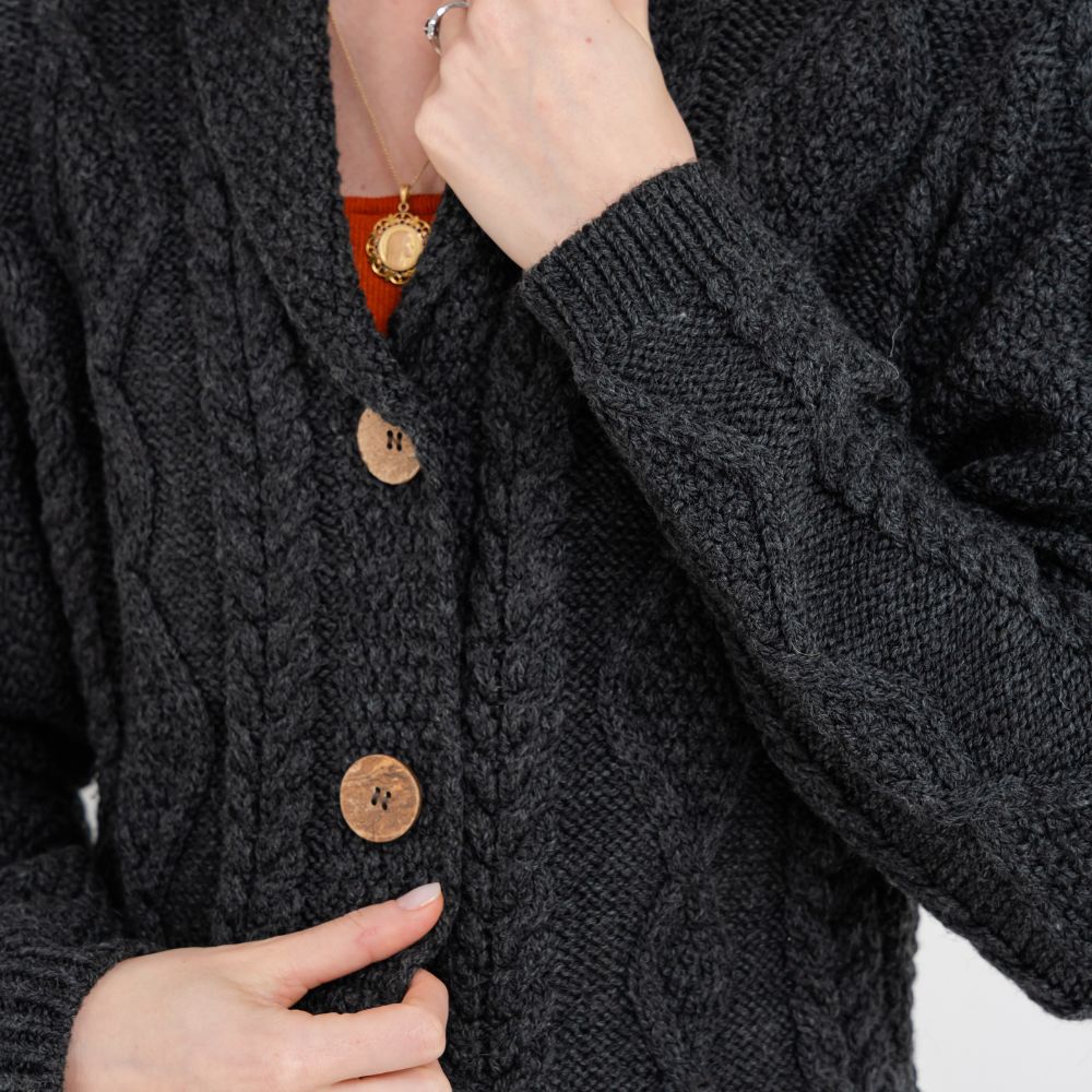 Women's Aran Knit Shawl Collar Cardigan Charcoal Creative Irish Gift