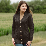 Women's Aran Knit Shawl Collar Cardigan Charcoal Lifestyle Creative Irish Gift