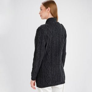 Women's Aran Knit Shawl Collar Cardigan Charcoal Back View Creative Irish Gift