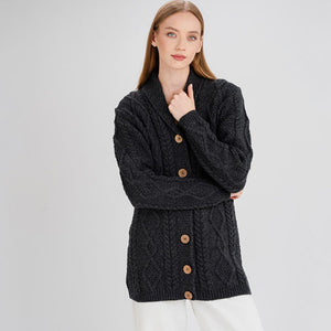 Women's Aran Knit Shawl Collar Cardigan Charcoal Studio Creative Irish Gift