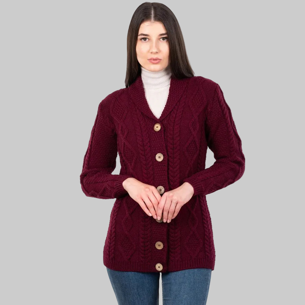 Women's Aran Knit Shawl Collar Cardigan