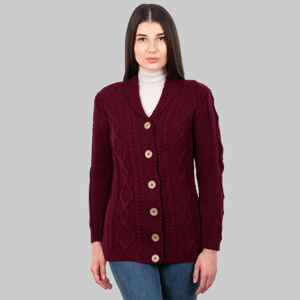 Women's Aran Knit Shawl Collar Cardigan Wine Creative Irish Gift