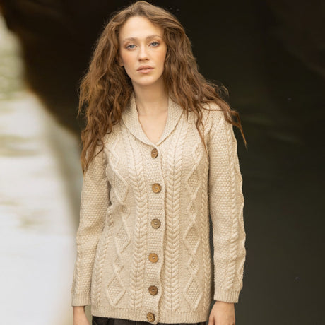 Women's Aran Knit Shawl Collar Cardigan Parsnip Creative Irish Gift