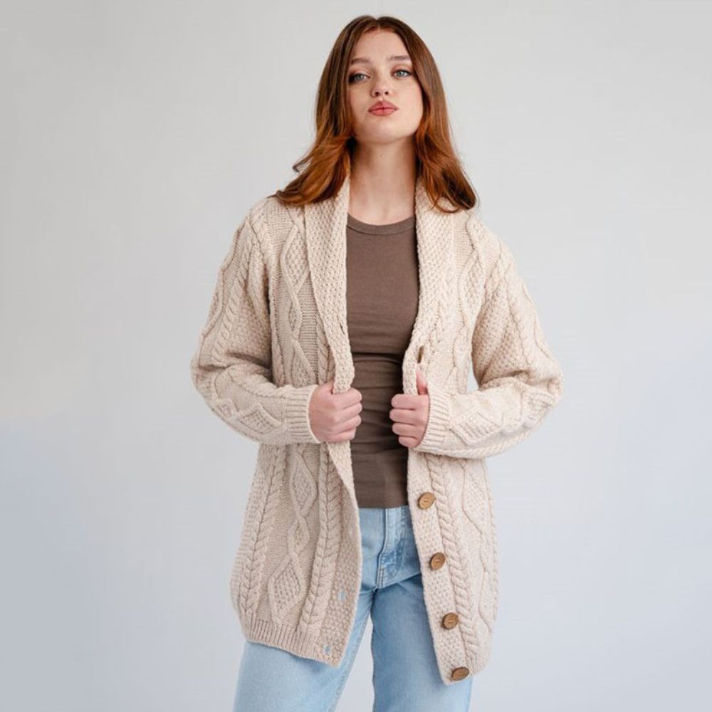 Women's Aran Knit Shawl Collar Cardigan Parsnip Creative Irish Gift
