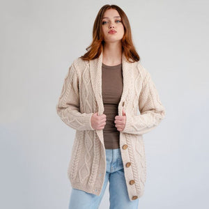 Women's Aran Knit Shawl Collar Cardigan Parsnip Creative Irish Gift