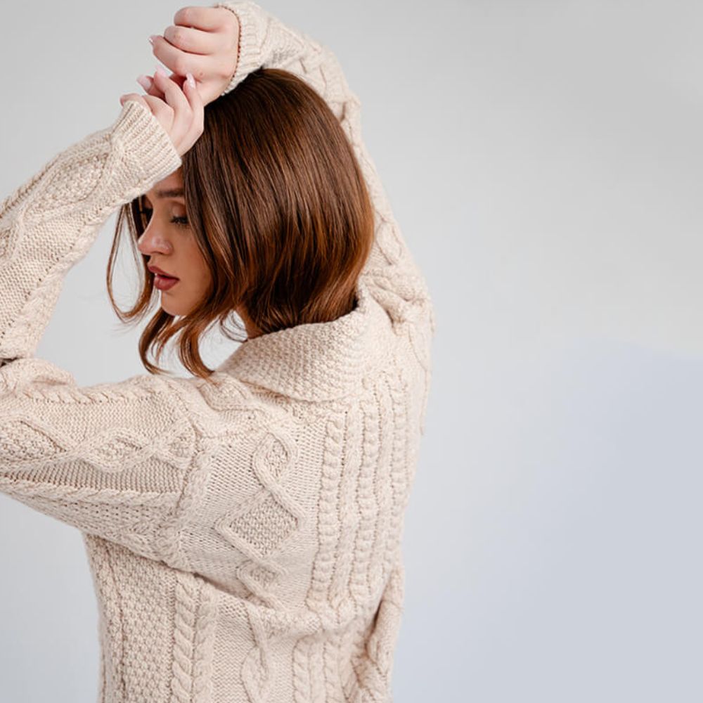 Women's Aran Knit Shawl Collar Cardigan Parsnip Back View Creative Irish Gift