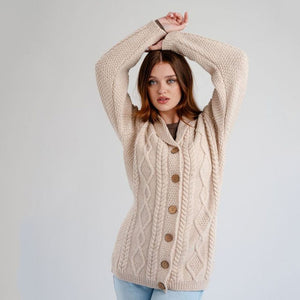 Women's Aran Knit Shawl Collar Cardigan Parsnip Studio Creative Irish Gift