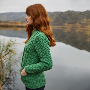 ML164-105 Women's Irish Cable Shawl Neck Cardigan, Green Side View Creative Irish Gifts

