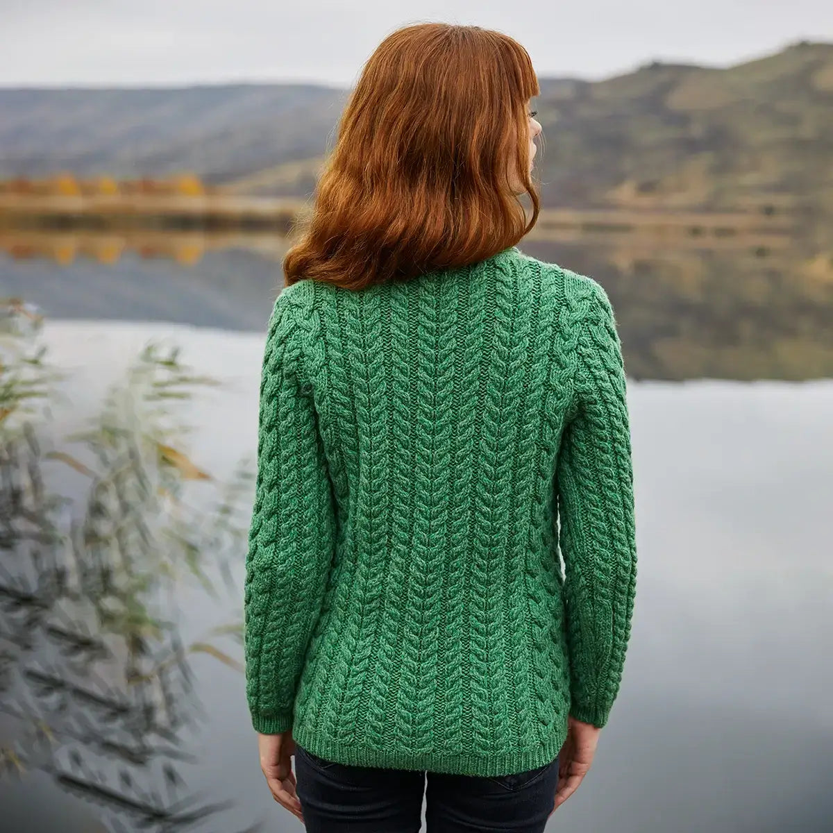 ML164-105 Women's Irish Cable Shawl Neck Cardigan, Green Back View Creative Irish Gifts
