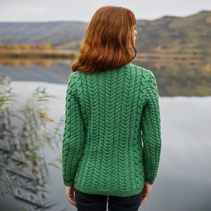 ML164-105 Women's Irish Cable Shawl Neck Cardigan, Green Back View Creative Irish Gifts
