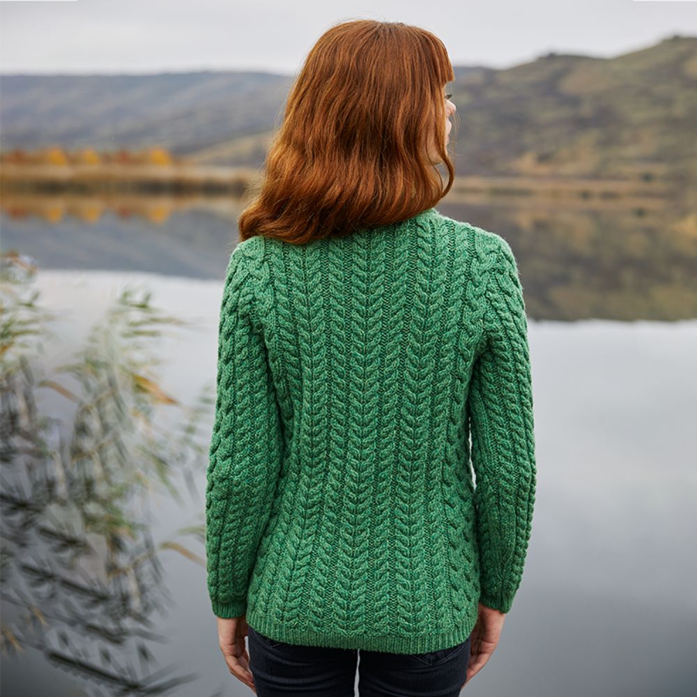 Women's Cable Knit Irish Shawl Neck Cardigan Lifestyle Back View Creative Irish Gift