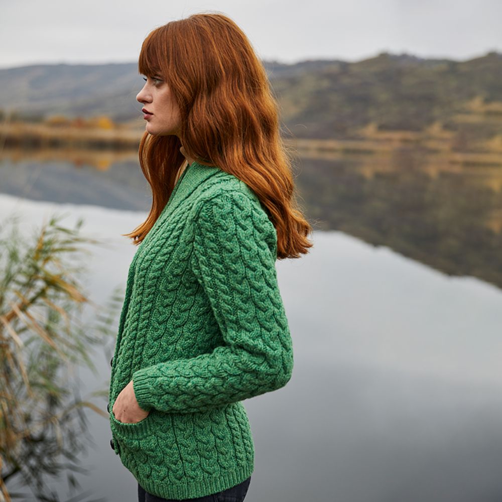 Women's Cable Knit Irish Shawl Neck Cardigan Lifestyle Green Side View Creative Irish Gift