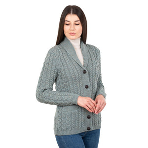 Women's Cable Knit Irish Shawl Neck Cardigan Side View Creative Irish Gift