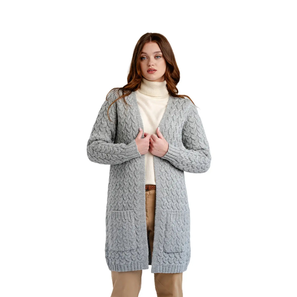 ML166-103 Women's Wool Aran Cable Long Cardigan, Grey Creative Irish Gifts
