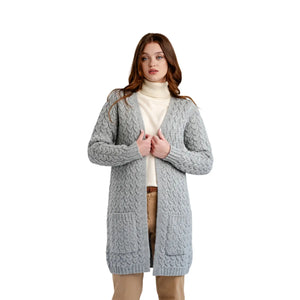 ML166-103 Women's Wool Aran Cable Long Cardigan, Grey Creative Irish Gifts

