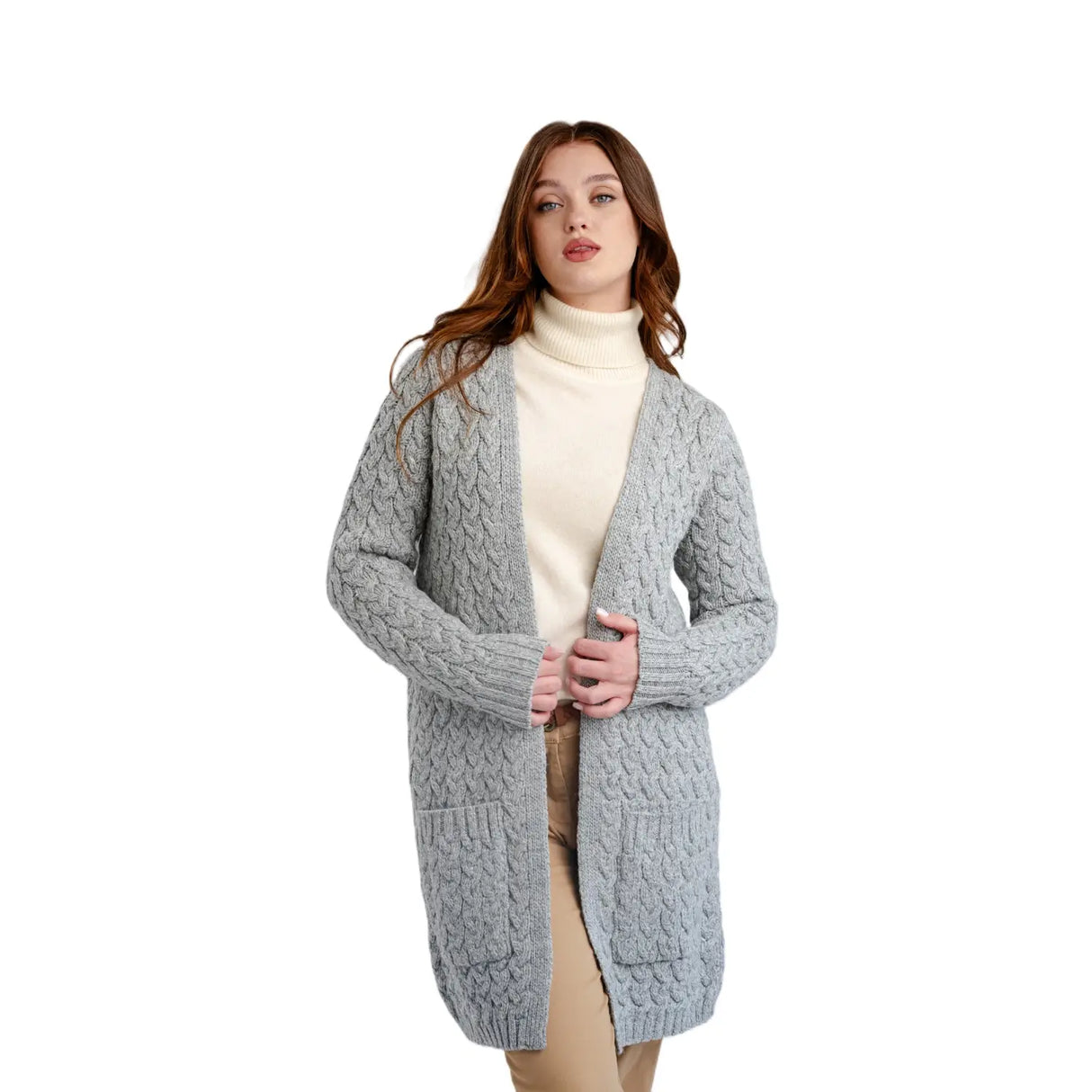 ML166-103 Women's Wool Aran Cable Long Cardigan, Grey Creative Irish Gifts
