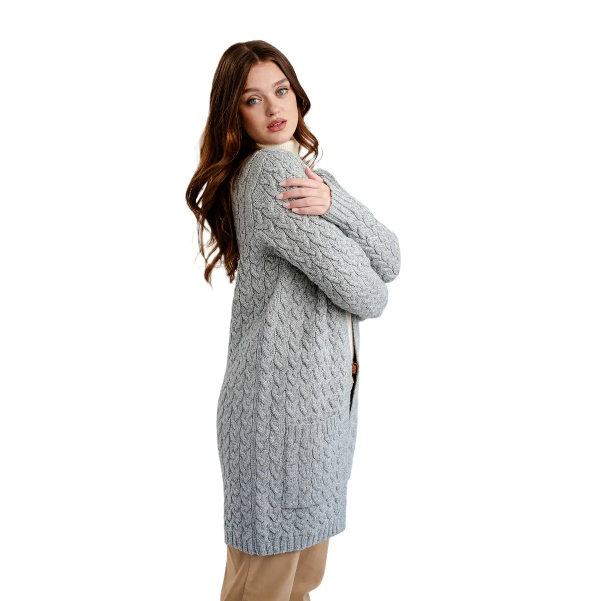 ML166-103 Women's Wool Aran Cable Long Cardigan, Grey Side View Creative Irish Gifts
