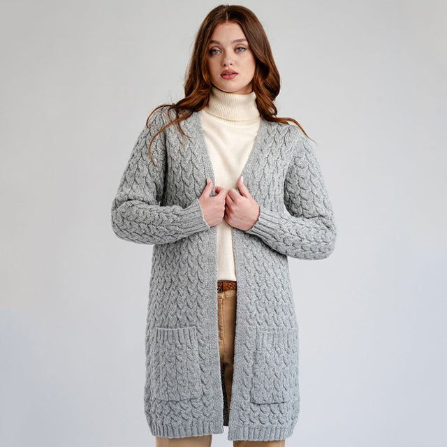 Women's Aran Knit Icon Cardigan Coat, Grey Front View Creative Irish Gifts