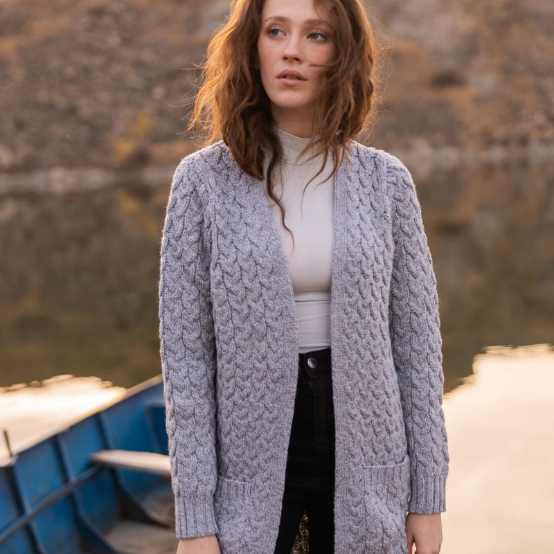 Women's Aran Knit Icon Cardigan Coat, Grey Creative Irish Gifts