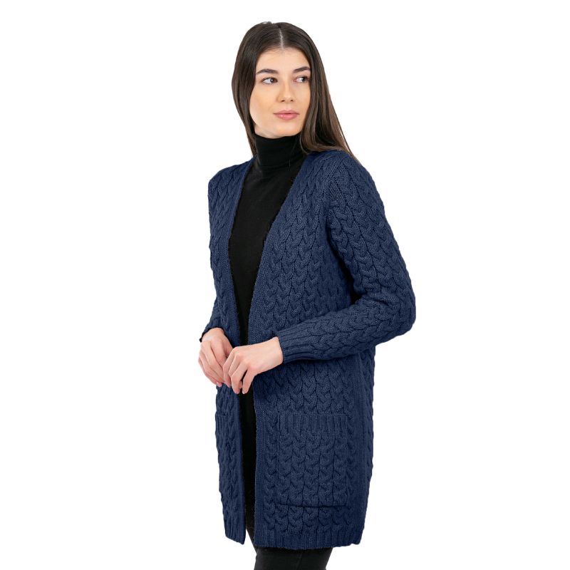 Women's Aran Knit Icon Cardigan Coat, Navy Side View Creative Irish Gifts