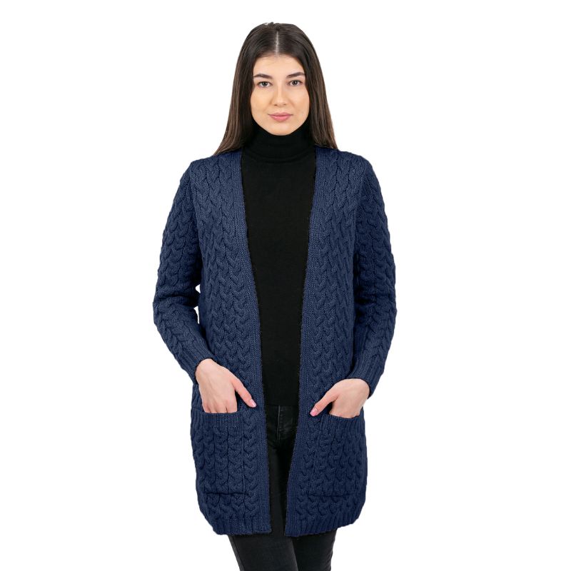 Women's Aran Knit Icon Cardigan Coat, Navy Front View Creative Irish Gifts