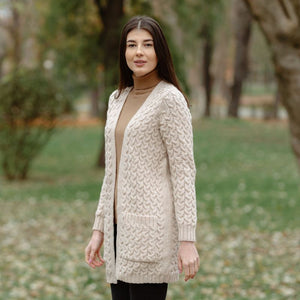 Women's Aran Knit Icon Cardigan Coat, Parsnip Lifestyle Back View Creative Irish Gifts