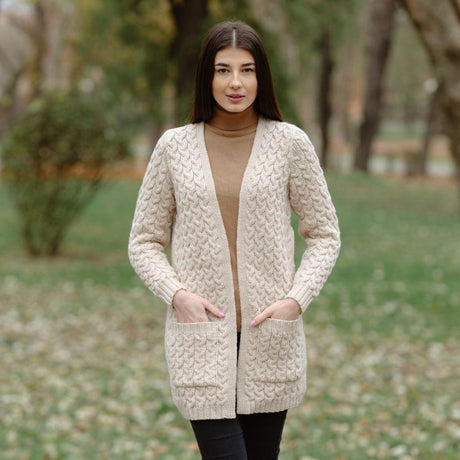 Women's Aran Knit Icon Cardigan Coat, Parsnip Lifestyle Creative Irish Gifts