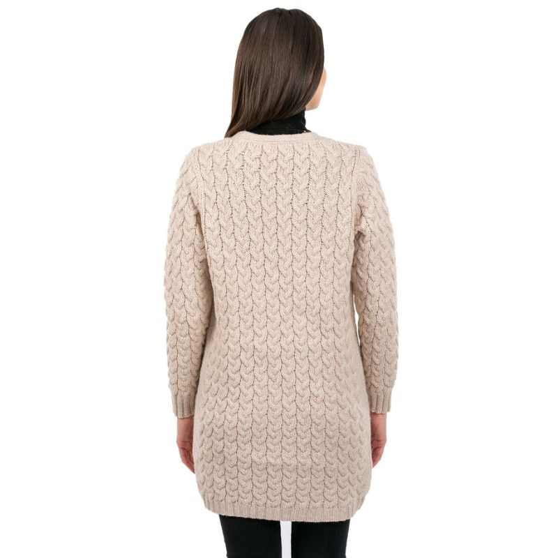 Women's Aran Knit Icon Cardigan Coat, Parsnip Back View Creative Irish Gifts
