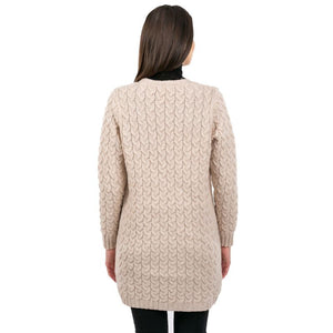 Women's Aran Knit Icon Cardigan Coat, Parsnip Back View Creative Irish Gifts