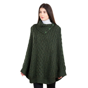 Merino Wool Irish Cowl Neck Poncho Army Green Front View Creative Irish Gift