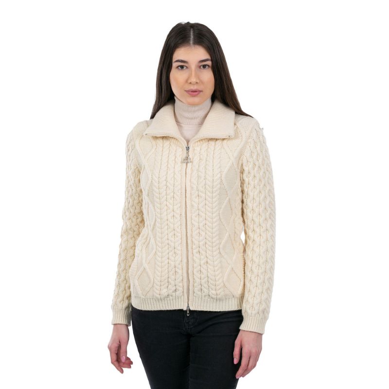 Women's Merino Zip Up Turtleneck Aran Jacket, White Stuio Creative Irish Gifts