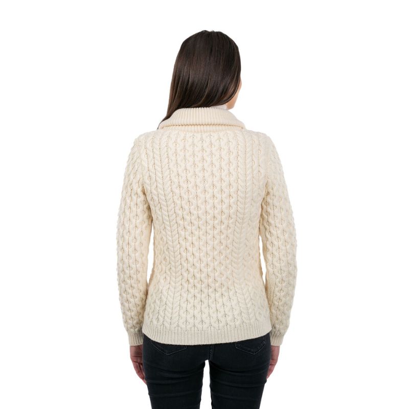 Women's Merino Zip Up Turtleneck Aran Jacket, White Back View Creative Irish Gifts