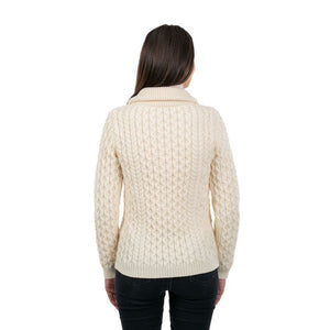 Women's Merino Zip Up Turtleneck Aran Jacket, White Back View Creative Irish Gifts