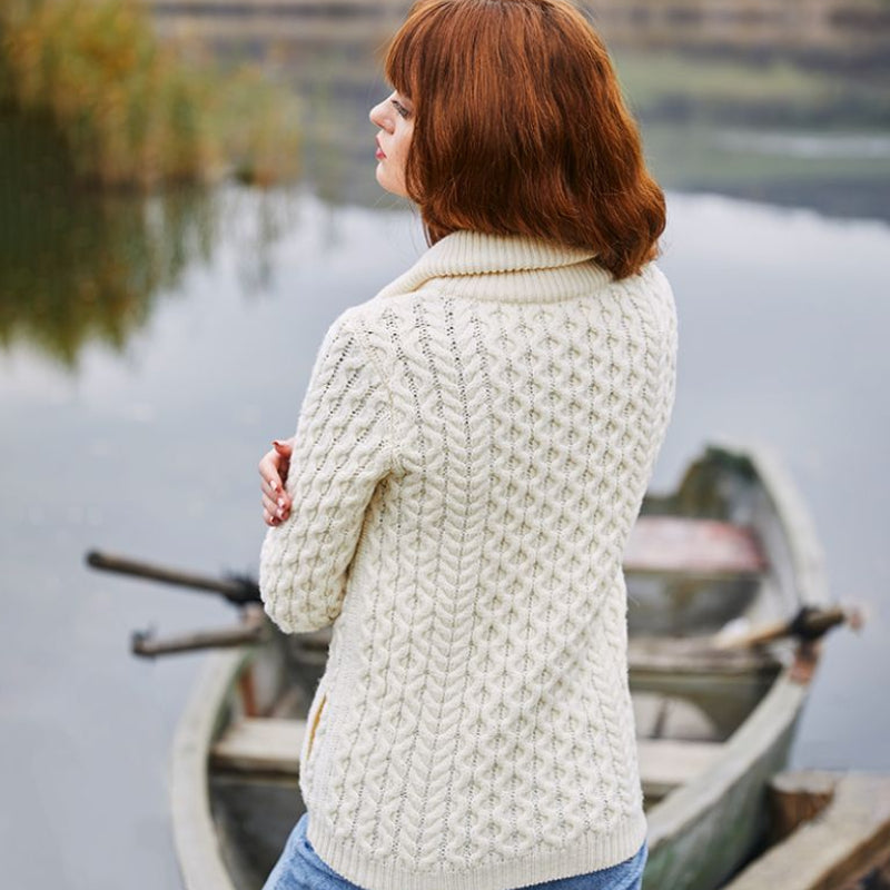 Women's Merino Zip Up Turtleneck Aran Jacket, White Lifestyle Creative Irish Gifts