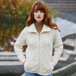 Women's Merino Zip Up Turtleneck Aran Jacket, White Lifestyle Creative Irish Gifts