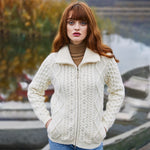 Women's Merino Zip Up Turtleneck Aran Jacket, White Lifestyle Creative Irish Gifts