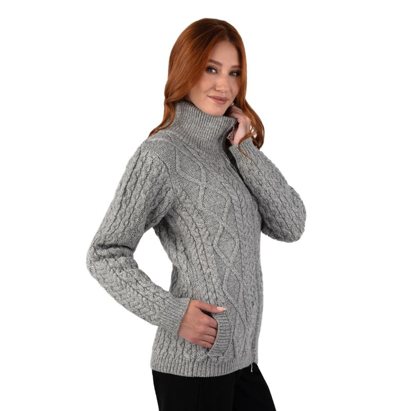 Women's Merino Zip Up Turtleneck Aran Jacket, Grey side view Creative Irish Gifts