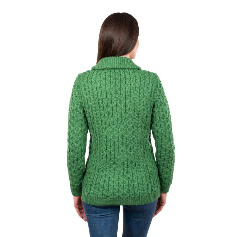 Women's Merino Zip Up Turtleneck Aran Jacket, Green Back View Creative Irish Gifts