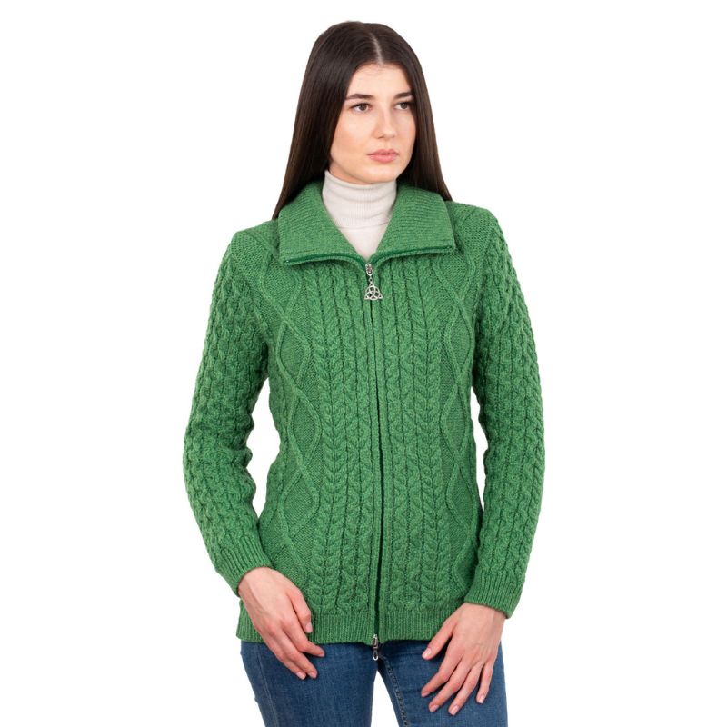 Women's Merino Zip Up Turtleneck Aran Jacket, Green Studio Creative Irish Gifts