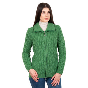 Women's Merino Zip Up Turtleneck Aran Jacket, Green Studio Creative Irish Gifts