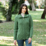 Women's Merino Zip Up Turtleneck Aran Jacket, Green Lifestyle Creative Irish Gifts